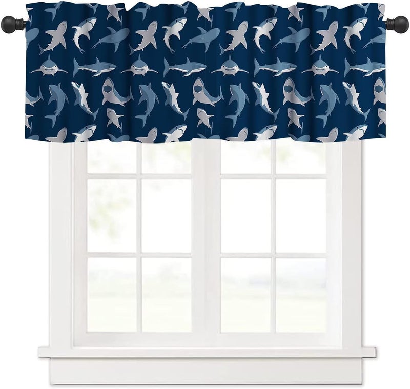 YSWOW Kids Sea Animal Valance Curtain for Boys Nursery Playroom Room Decor Cartoon Sharks Art Printed Window Drapes W54xL18in Fabric 1 Panel - Image 1